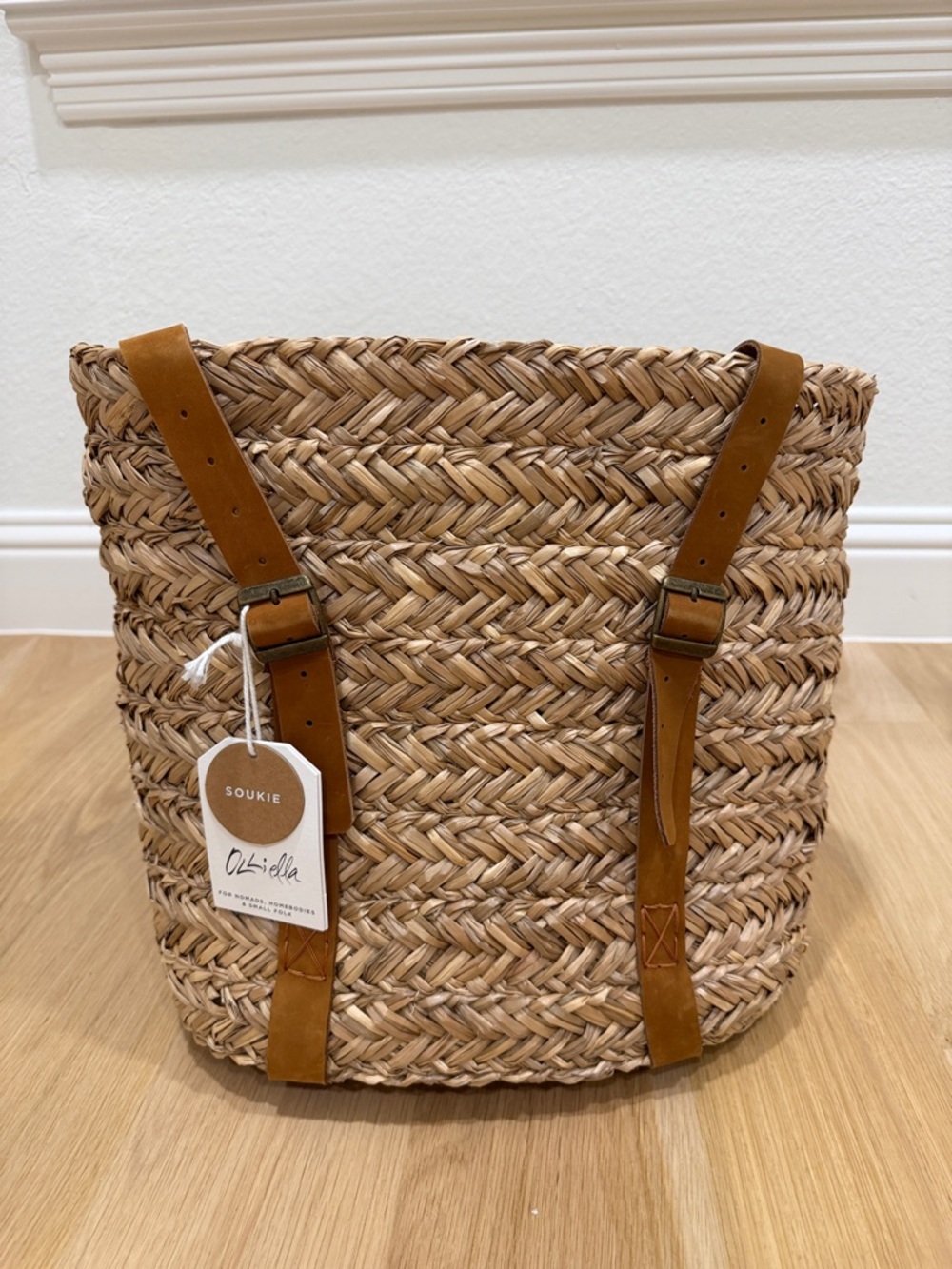 Brand new Soukie Natural Woven Tote with Tan Leather Straps